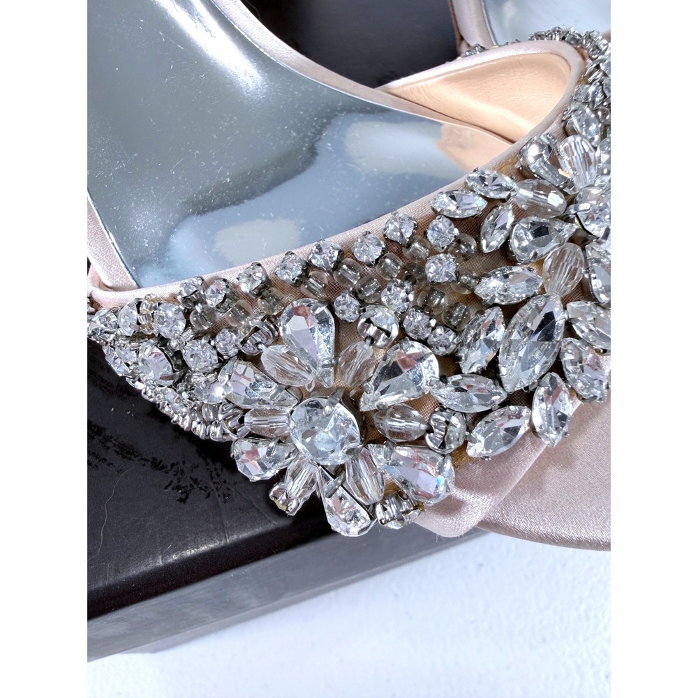 Badgley Mischka Light Pink Crystal Embellished Satin Block Heel Sandals Slides 6 - Picture 3 of 16